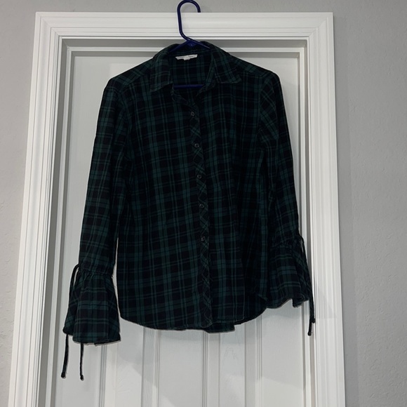 Plaid Button Up Blouse - Tie Sleeve - Picture 5 of 7